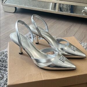 DKNY SILVER SINGBACK HEELS - LIKE NEW